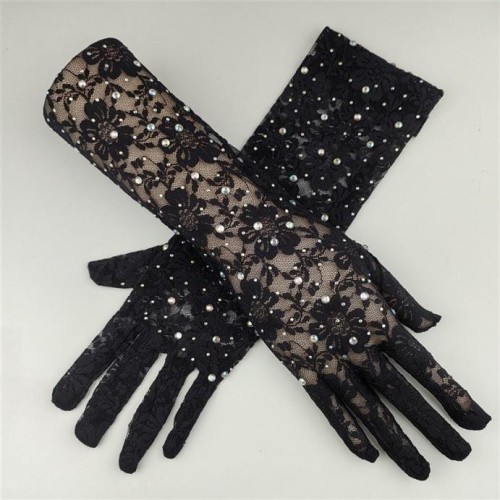 sexy black hollow lace flash diamond glove Halloween retro bride