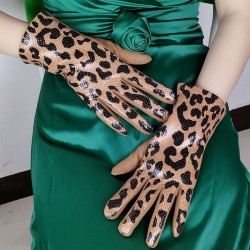 ( khaki)fashion leopard imitate leather wind glove woman autumn Winter velvet warm mitten