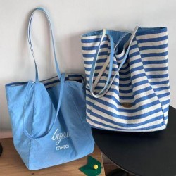 ( blue)summer Stripe canvas  Koreains wind bag student high capacity leisure Shoulder bag bag woman