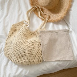 ( Beige)handmade weave bag bag woman summer wind bag hollow shoulder big bag