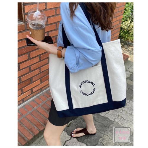 ( **cm Navy blue)canvas bag woman bag high capacity belt zipper student portable all-Purpose bag