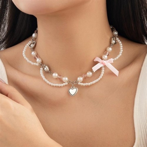 occidental style  sweet wind Pearl pendant necklace  small fresh bow ribbonecklace