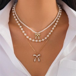 occidental style  elegant Pearl beads clavicle chain  fashion Metal bow pendan..