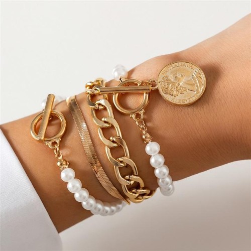 occidental style ins Pearl beads snake chain bracelet  Irregular Metalbracelet set