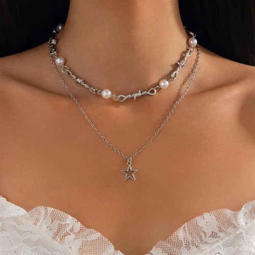 occidental style ins wind Five-pointed star Alloy pendant clavicle chain  fashion Pearl multilayer necklace
