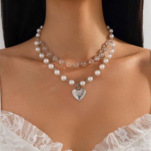 occidental style  wind Pearl beads clavicle chain  love Alloy pendant necklace multilayer