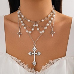 occidental style  cross Pearl beads pendant necklace  fashion Alloyecklace pun..