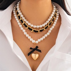 occidental style  fashion Pearl ribbon beads necklace  high Peach heart pendan..