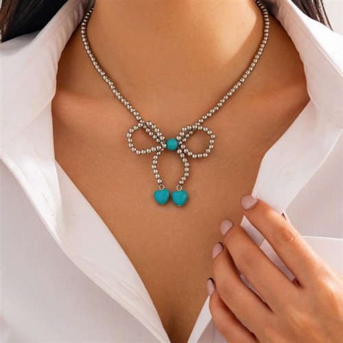 occidental style ins wind bow turquoise pendant necklace  brief beadsecklace