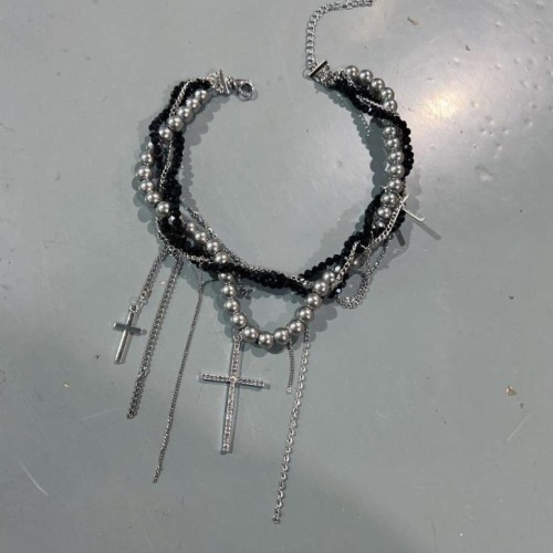 day black wind cross multilayer tassel necklace lady beads clavicle chain punk chain