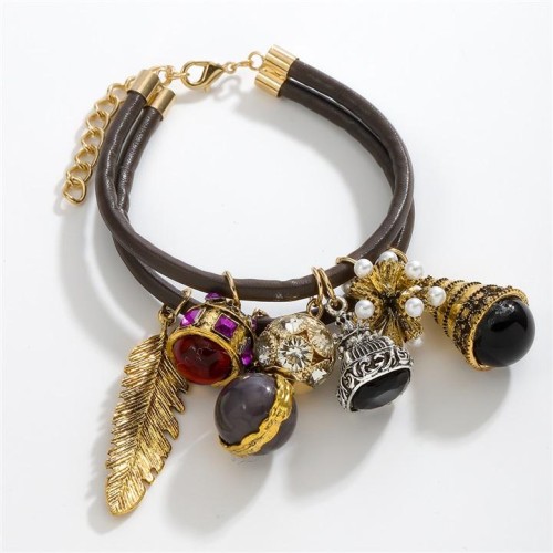 same style high feather leaves super diamond Pearl pendant  temperament leather bracelet