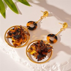  leopard resin leaves circle silver earrings Autumn and Winter retro samll hig..