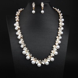 fashion brief Pearl Rhinestone gem necklace earrings set bride clavicle chain ..