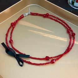  fashion black color crystal Double layer beads bow necklace fashion samll cla..