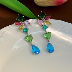  sweet geometry color zircon love long style tassel earrings samll ear stud fl..
