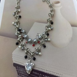  multilayer silver Pearl necklace silver color pendant personality samll chain..