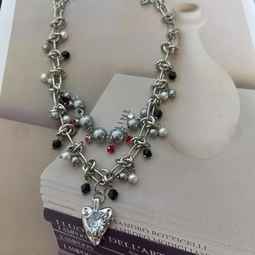  multilayer silver Pearl necklace silver color pendant personality samll chain diamond diamond tassel clavic