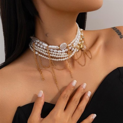 occidental style Irregular imitate Pearl retro  Metal tassel high Collar woman