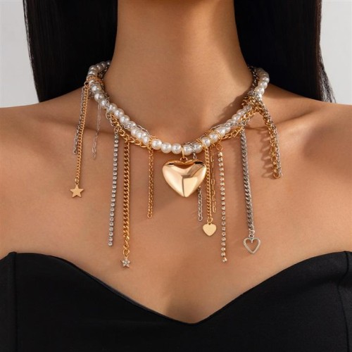 occidental styleins wind love pendant necklace  personality heart-shaped tassel Pearl chain clavicle 