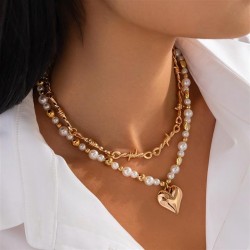 occidental styleins Double layer imitate Pearl love pendant necklace  Metal ch..