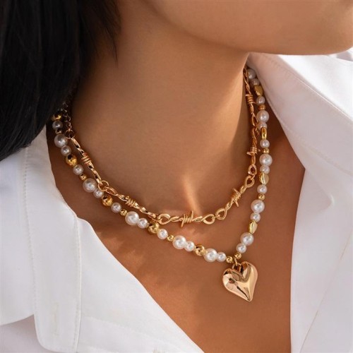 occidental styleins Double layer imitate Pearl love pendant necklace  Metal chain