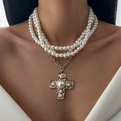occidental style  wind cross Alloy pendant clavicle chain  elegant Pearl beads..