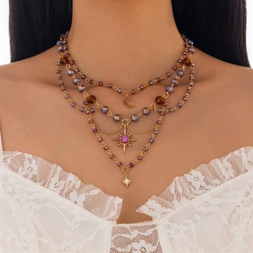 occidental style  sweet wind Moon tassel pendant necklace  small fresh crystal beads clavicle chai