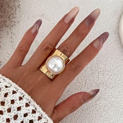 occidental style exaggerating big Pearl Metal geometry width surface ring  per..