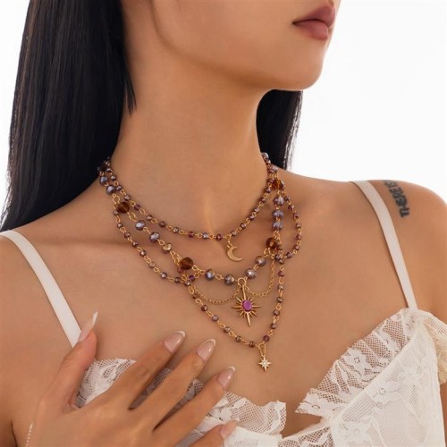 occidental style briefI wind imitate crystal Moon  samll Irregular tassel necklace woman
