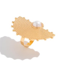 occidental style Metal feather imitate Pearl ring ins wind flowers opening