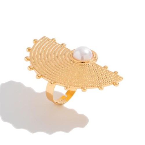 occidental style Metal feather imitate Pearl ring ins wind flowers opening
