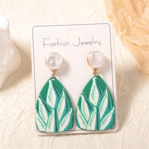 ( green) Country style brief fashion fresh color color print Acrylic earring resin Leaf imitate Pearl woman