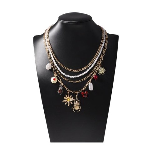  personality retro trend Street Snap multilayer Alloy spider sun flower imitate Pearl pendant woman style ne