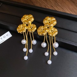 silver mediumvintage flowers tassel Pearl ear stud fashion temperament earring..