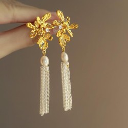 silver diamond flowers tassel Pearl ear stud retro samll earrings woman fashio..