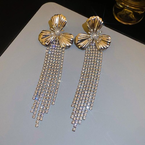 silver occidental style flowers diamond tassel Pearl ear stud woman samll exaggerating personal