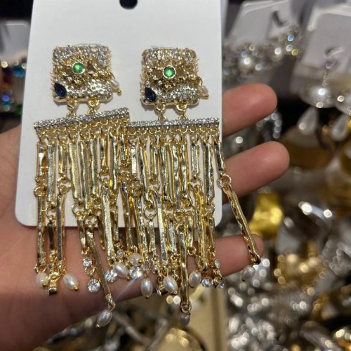 occidental style exaggerating personality diamond Pearl tassel pendant earrings temperament long style square Ea