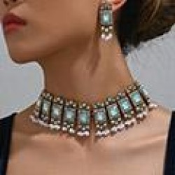 1 fashion retro gorgeous gem temperament exaggerating short necklace earring w..