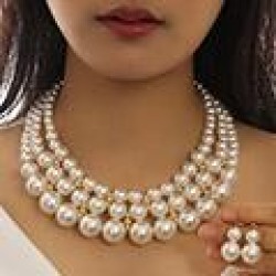 fashion noble wind concise Pearl temperament lady short necklace earrings woma..