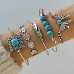  Bohemian style embed turquoise leaves bangle ethnic style bow flowers turquoi..