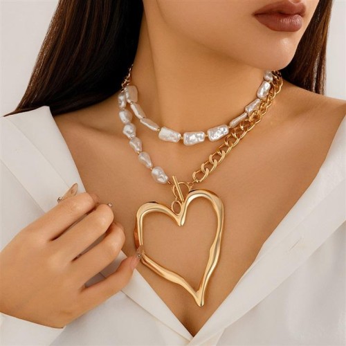 occidental style wind exaggerating big love necklacenecklace Metal chain Double layer imitate Pearl