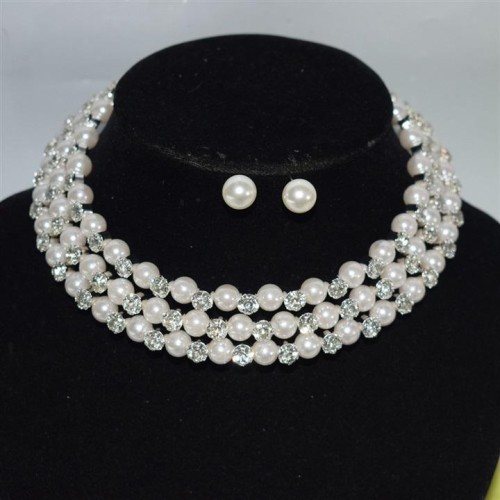 bride wedding Pearl Rhinestone chain fashion Collar bangle ear stud three claw chain set