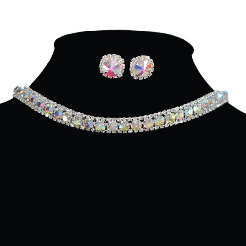   occidental style fashion blue chain necklace ear stud set  woman
