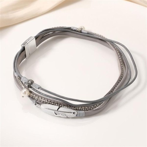  creative diamond chain leaves Pearl leather bracelet brief fashion leather weave