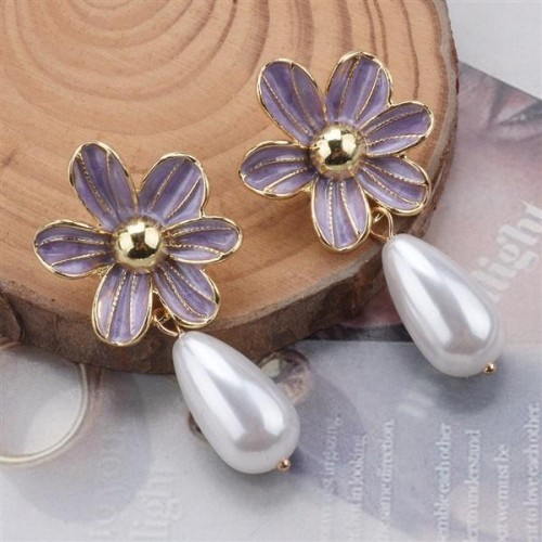 ins wind occidental style earrings geometry drop flowers Pearl ear stud brief all-Purpose Alloy enamel Earring