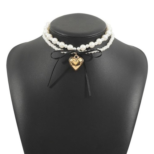 ins wind black belt bow love pendant Double layer Pearl necklace samll
