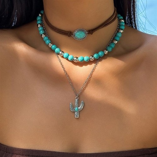 occidental style retro imitate turquoise head clavicle chain beads necklace set ethnic style