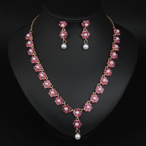  occidental style brief fashion Rhinestone Pearl flowers necklace earrings set woman temperament collocation