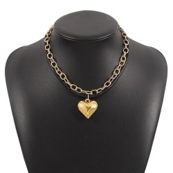 occidental style creative heart-shaped chain pendant  mash up black leather cl..