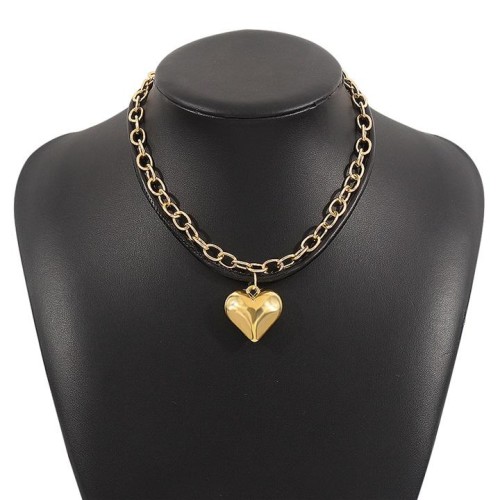 occidental style creative heart-shaped chain pendant  mash up black leather clavicle chain